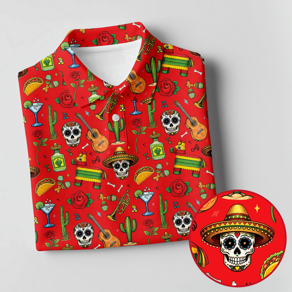 Decorated Skulls Party Items Cinco De Mayo Celebration Fiesta Themed Red Golf Shirts For Men