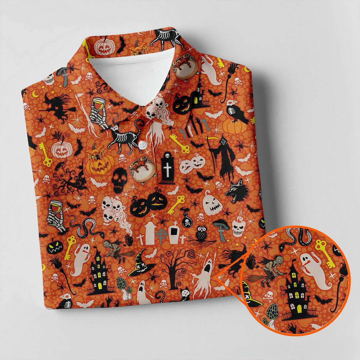 Halloween Skull Witch Cat Orange Golf Shirt, Funny Halloween Women's Golf Tops, Ladies Golf Shirts