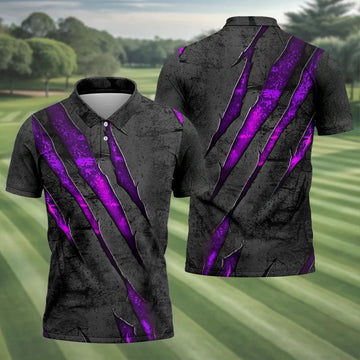 Purple Claw Marks Hawaiian Golf Shirt, Scratch Print Men's Golf Shirt, Polo Shirts For Men