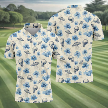 Funny Alien Blue Hibicus Tropical Theme Hawaiian Golf Shirt, Polo Shirts For Men, Golfing Apparel
