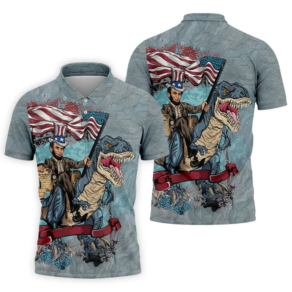 T-Rex Dinosaur US Flag Pattern 4th Of July Golf Shirt, Patriotic 250 Years Golf Shirts For Men
