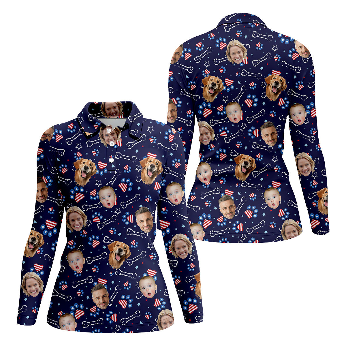 Custom Dog Shirts, Golf Tops For Women, Custom Face Shirt, Family Portrait Golf Shirt, Patriotic Golf Polos, Long Sleeve Golf Shirts