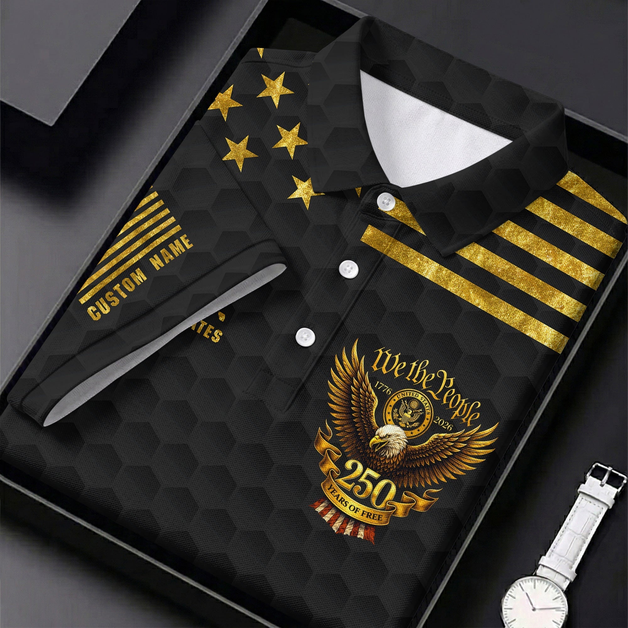 We The People 250 Years Of Free Black And Gold 4th Of July Golf Shirt, Women's Golf Tops
