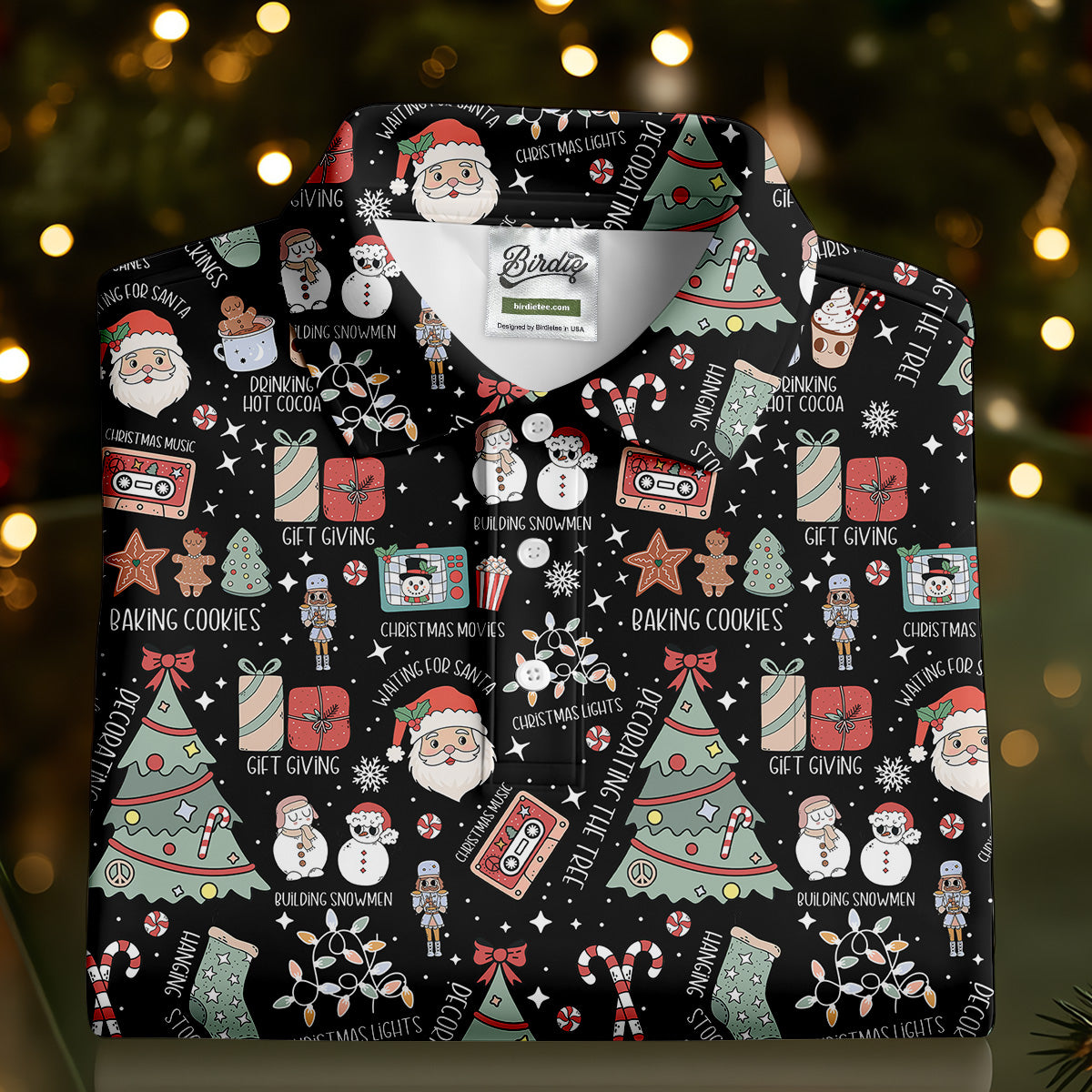 Cute Santa Claus Gift Black Women's Golf Tops, Christmas Golf Shirt, Golf Gift For Ladies