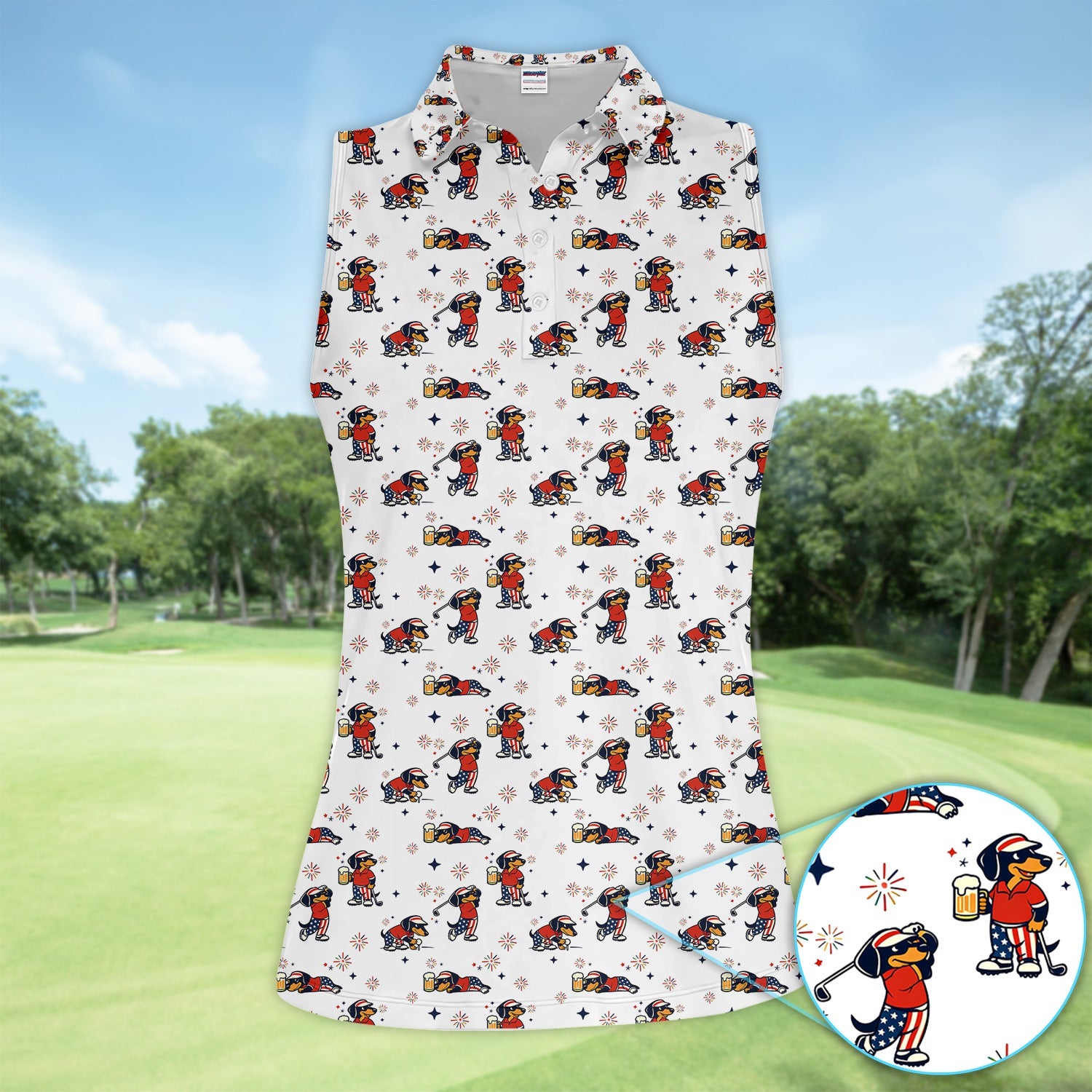Funny Patriotic Golf Dog Polo Shirt, USA Dachshund Beer & Fireworks Pattern Shirt, 4th of July Golfer Gift For Women