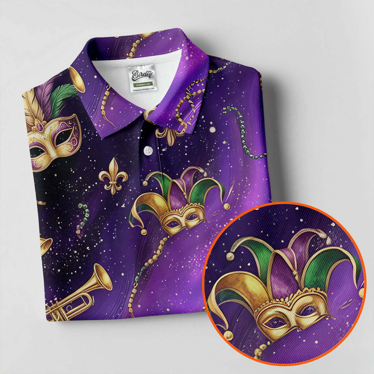 Golden Fleur De Lis Trumpet And Saxophone Mardi Gras Masquerade Mask Purple Golf Shirt, Women's Golf Tops