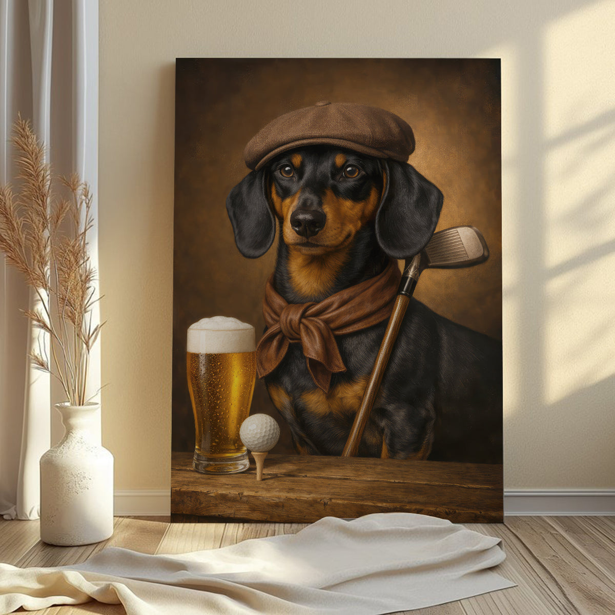 Vintage Dachshund Golf Canvas, Funny Wiener Dog And Beer Poster, Gift For Golf Lovers