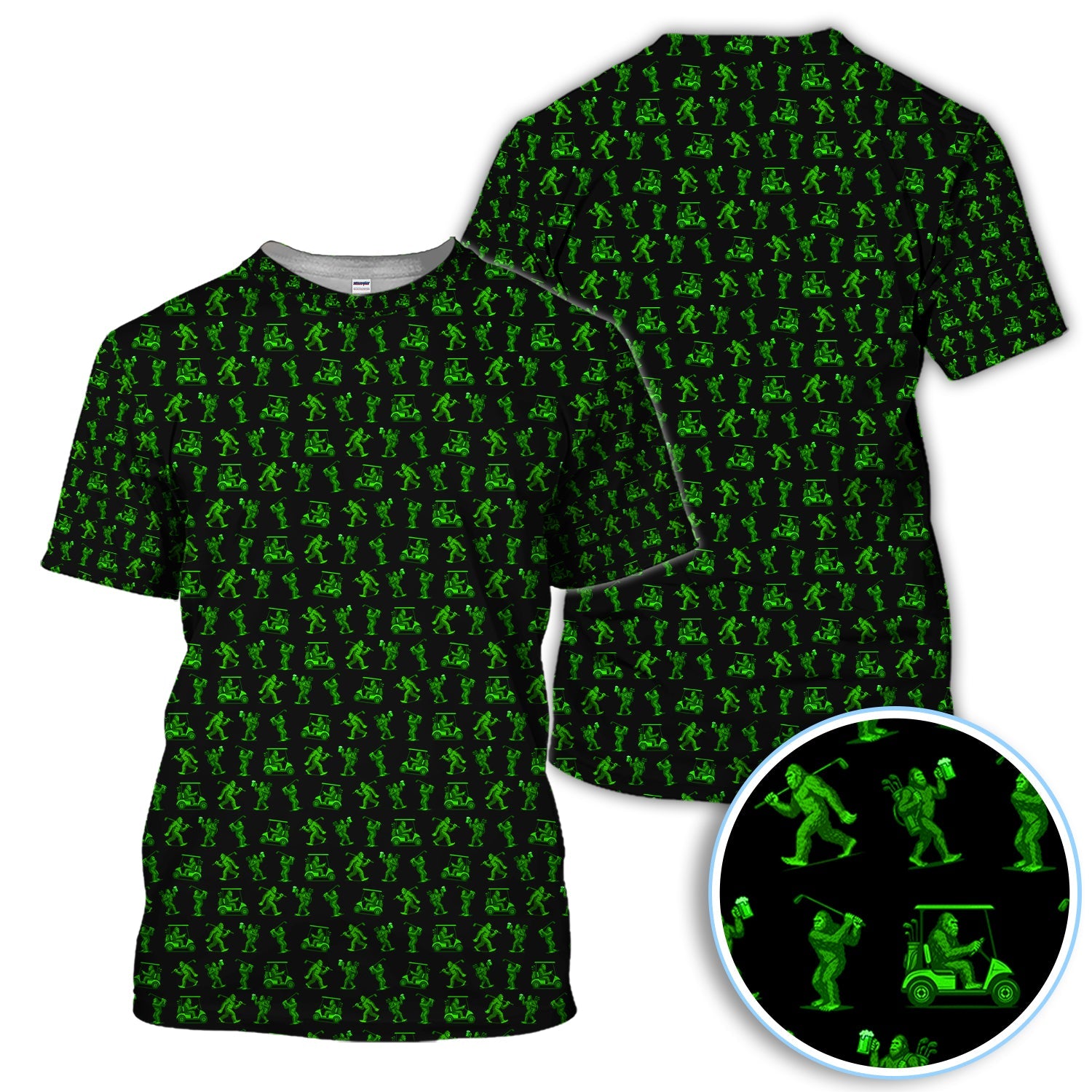 Bigfoot Golf Pattern Shirt, Funny Sasquatch Golf Polos For Men, Neon Green Golf Shirt For Golfer