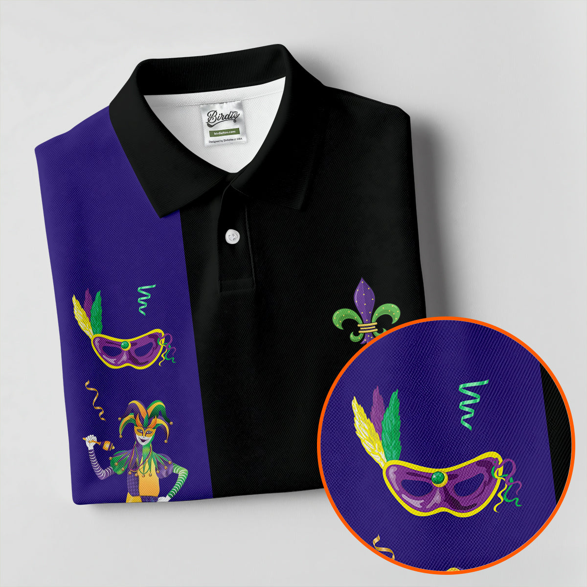 Mardi Gras Festival Jester Figure Fleur De Lis Symbol Black Golf Shirt, Women's Golf Tops, Ladies Golf Polos