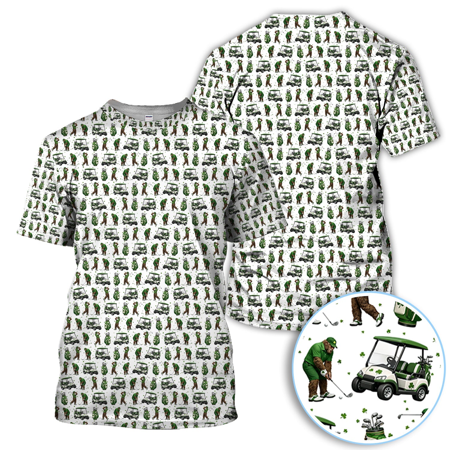 Bigfoot Golf St. Patrick’s Day Pattern Golf Polos, Sasquatch Golf Shirt For Golfer, Crazy Men's Golf Gift