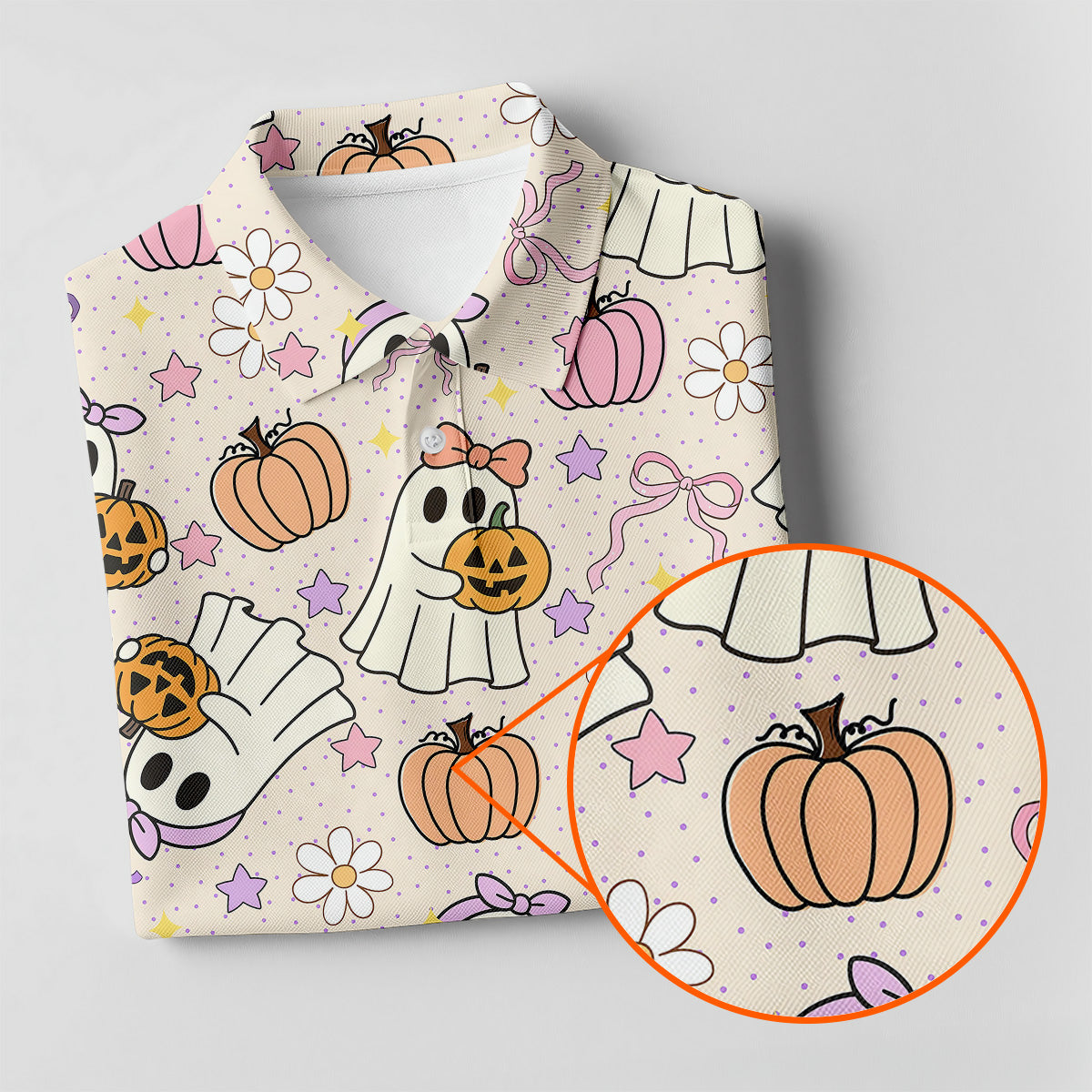 Halloween Seamless Pattern Cute Golf Shirt, Retro Halloween Ladies Golf Tops, Golf Gifts For Women