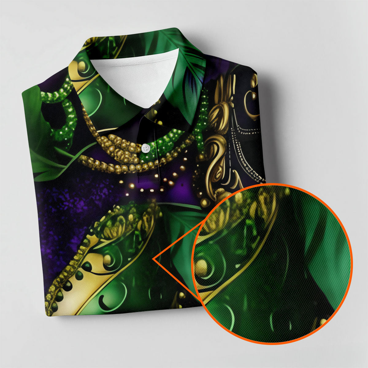Purple Green Gold Carnival Mask Feather Print Mardi Gras Golf Shirt, Women's Golf Tops, Ladies Golf Shirts