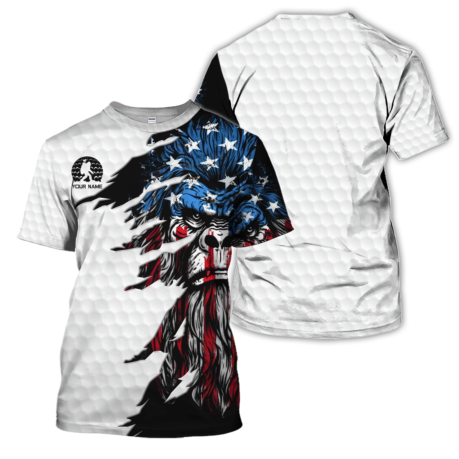 Personalized Patriotic Bigfoot Polos, Custom Name American Flag Bigfoot Golf Shirt, Golf Gift For Golfer
