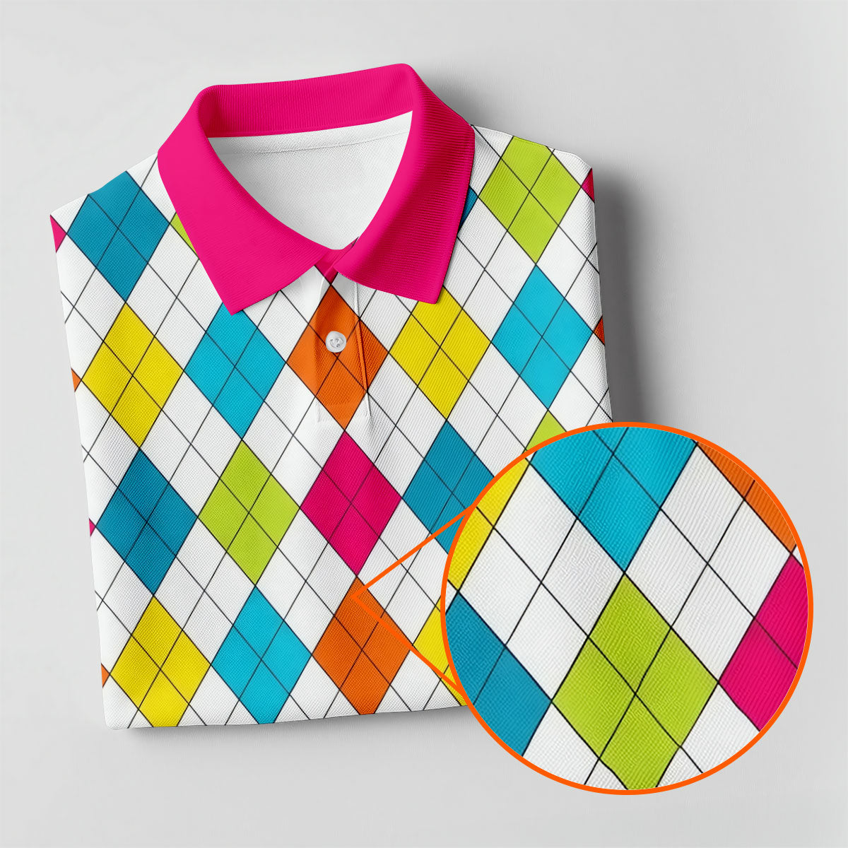Pink Sleeve Colorful Argyle Plaid Golf Shirt, Mens Golf Polo, Printed Golf Shirts