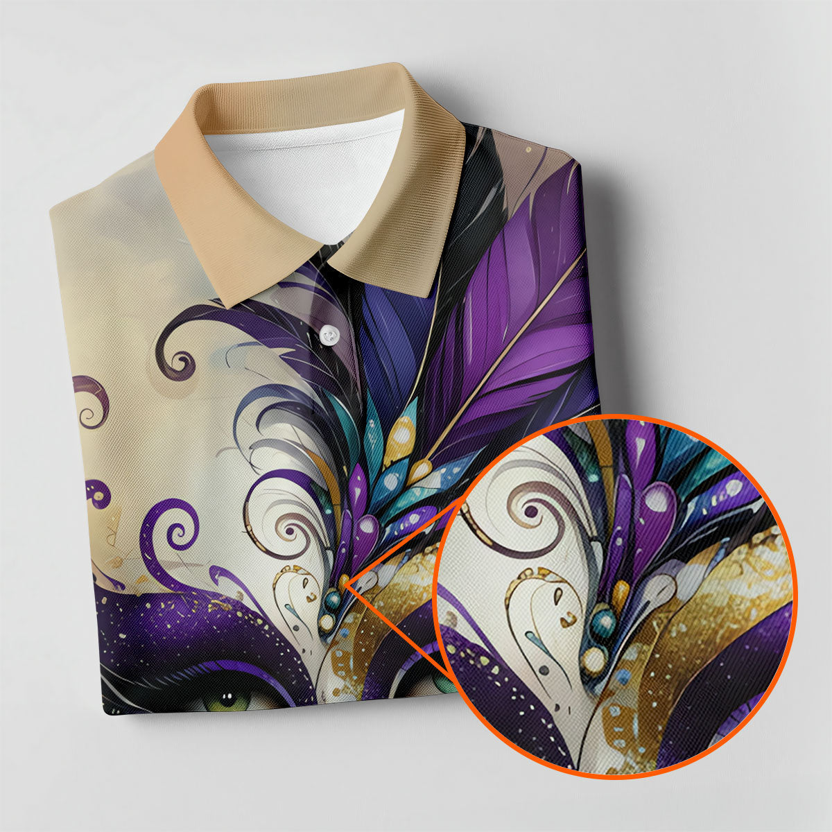 Feather Mask Mardi Gras Golf Shirt, Purple And Beige Women's Golf Tops, Ladies Golf Shirt