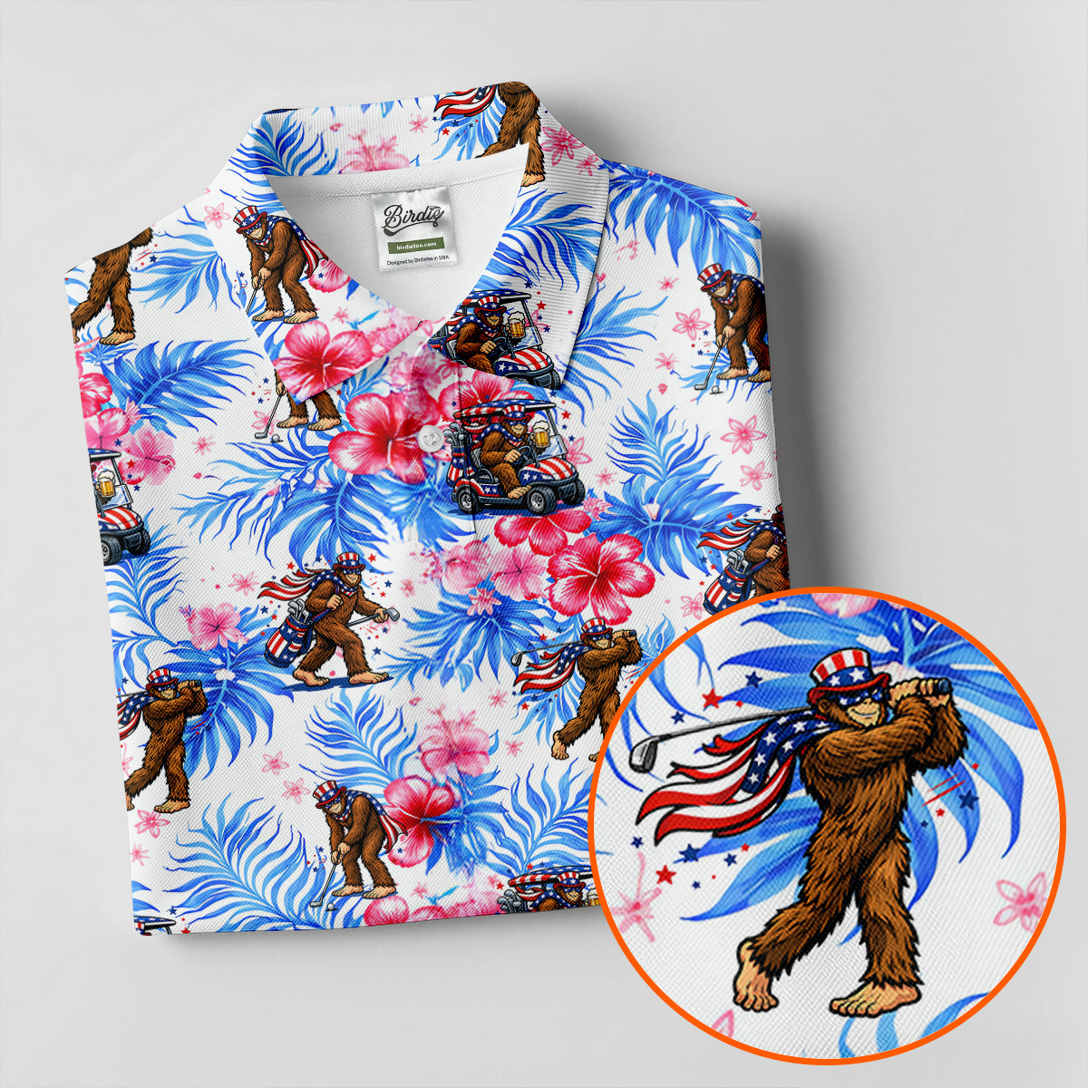 Funny Bigfoot Golf Pose 4th Of July Tropical Vibe Women Golf Top, 250th Anniversary Patriotic Golf Shirt
