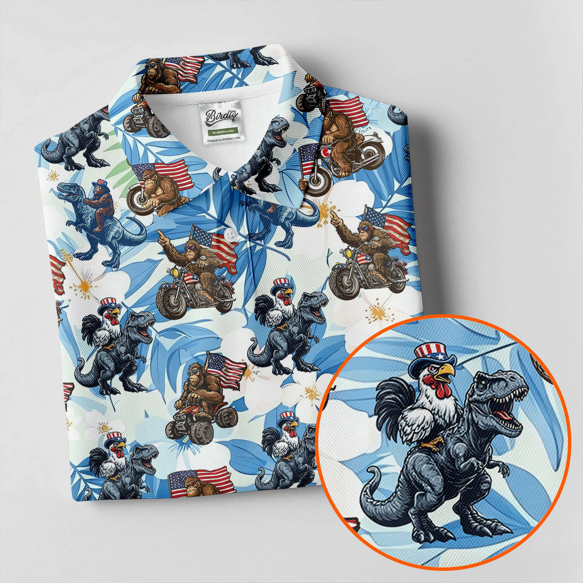 Patriotic Bald Eagle Funny T-Rex Bigfoot Hawaiian Golf Shirt, 250 Years 4th Of July Golf Shirt For Women