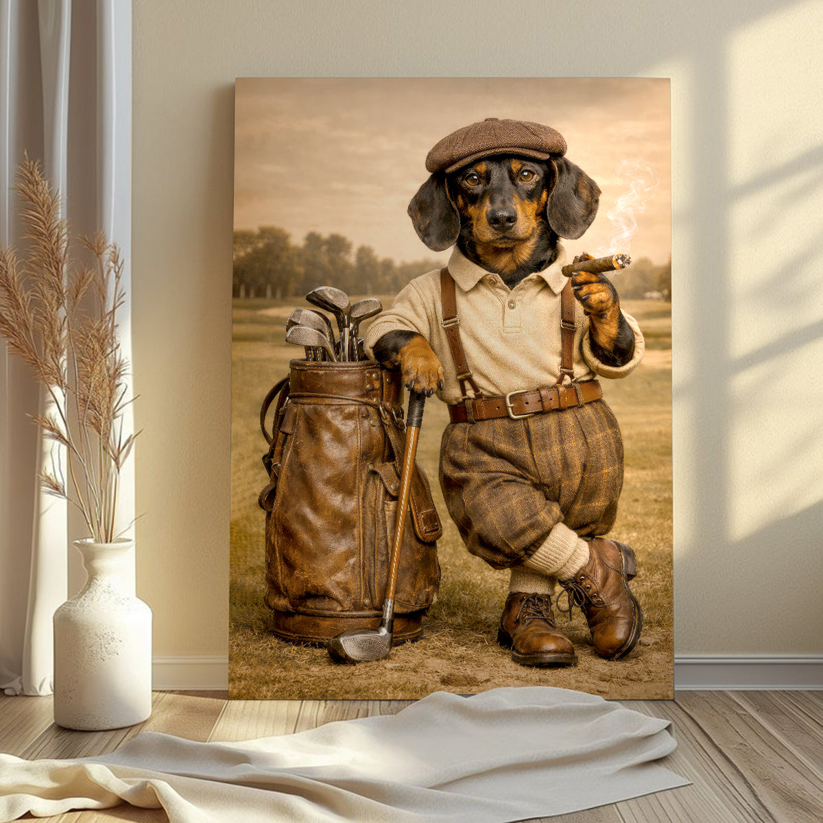 Vintage Dachshund Golf Poster, Wiener Dog Golf Wall Art, Golf Canvas For Men