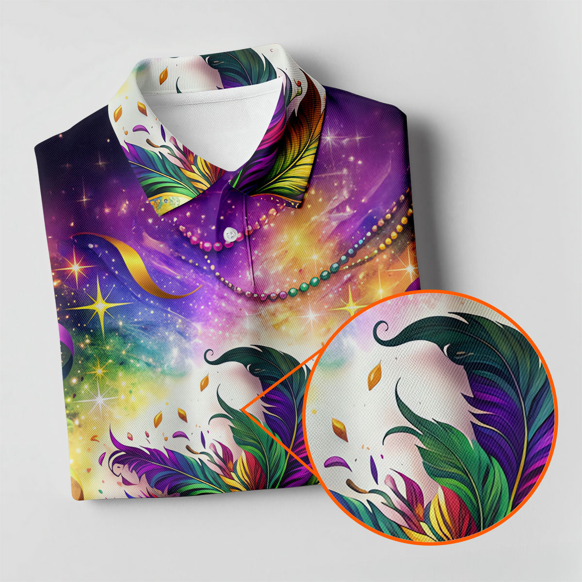Carnival Mask Feather Print Purple Green Gold Dazzling Effect Mardi Gras Women's Golf Tops, Ladies Golf Shirts