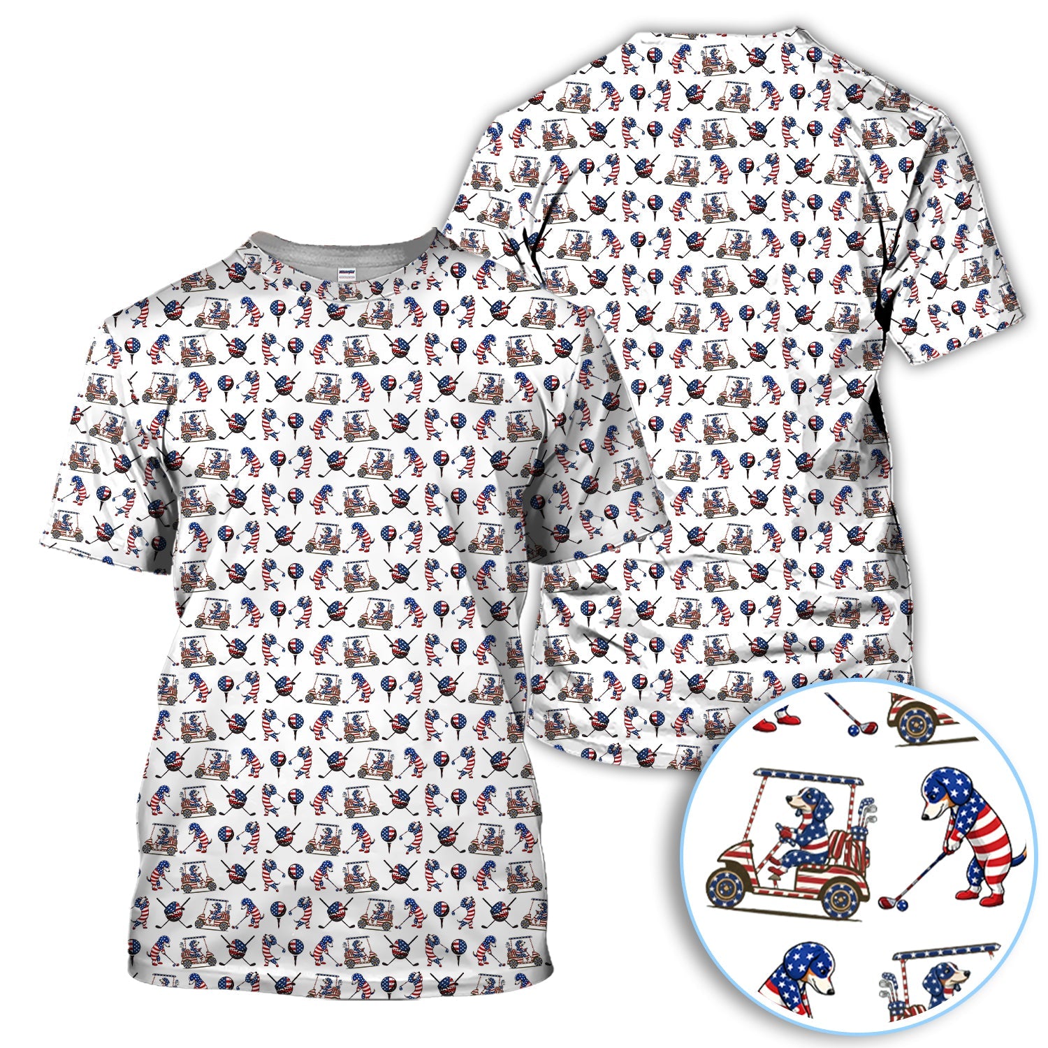 Patriotic Dachshund Golf Polos, USA Flag With Wiener Dog Pattern Golf Shirt, Funny Golf Gift For Golfer