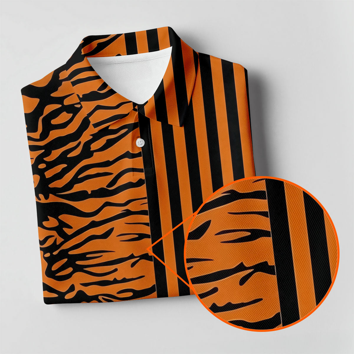 Orange Tiger Stripe Split Pattern Golf Shirt, Mens Golf Polo, Golf Apparel For Men, Golf Polo Shirts For Men
