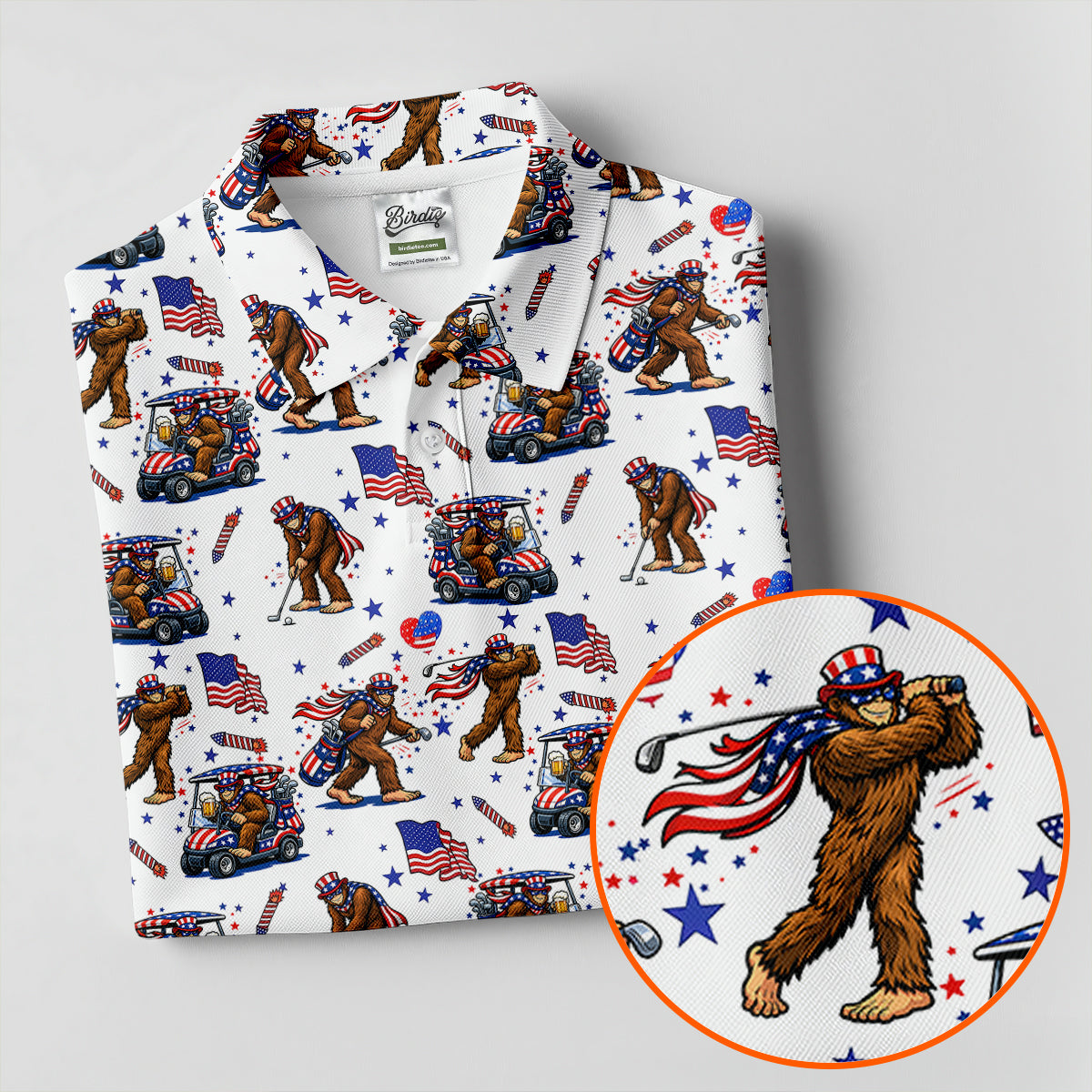 Funny Bigfoot 4th Of July With American Flag Pattern White Women Golf Top, 250th Anniversary Patriotic Golf Shirt