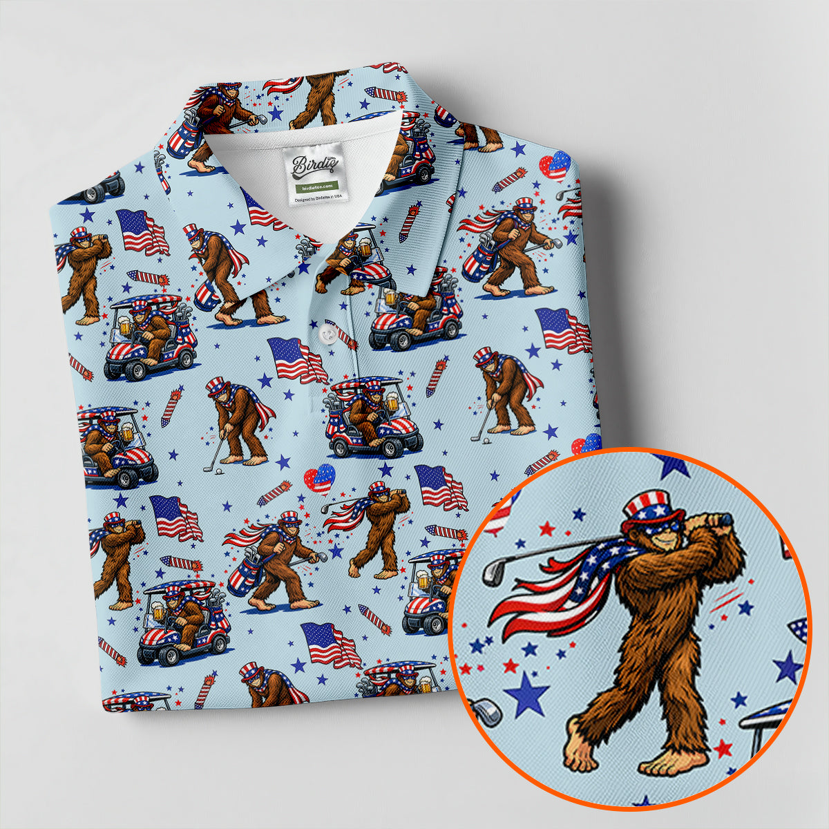 Funny Bigfoot 4th Of July American Flag Pattern Light Blue Women Golf Top, 250th Anniversary Patriotic Golf Shirt