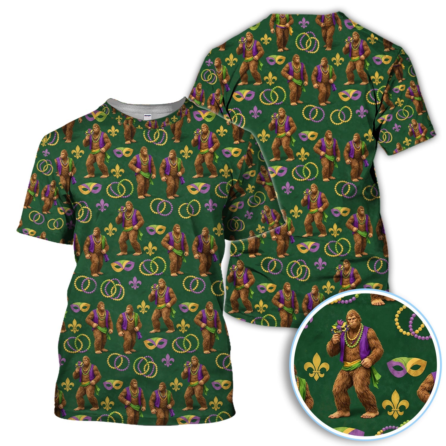 Bigfoot Mardi Gras Pattern Golf Polos, Sasquatch Holiday Golf Shirt, Golf Gift For Golfer