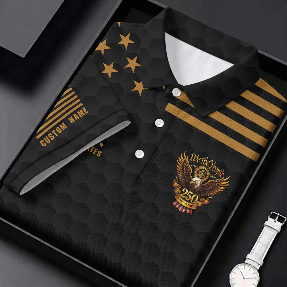 Personalized We The People 250 Years Golf Polo Shirt Men - 4th of July Patriotic Black Gold Custom Name Golf Shirt