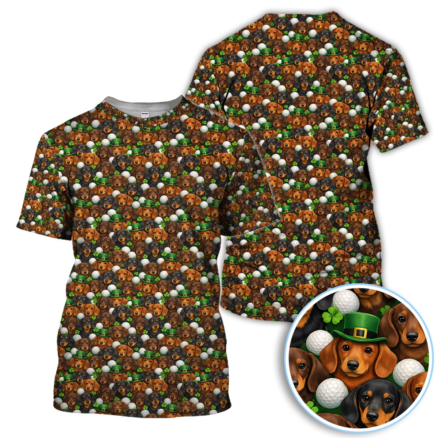 Dachshund St. Patrick’s Day Golf Polos, Wiener Dog Pattern Golf Shirt For Men, Funny Golf Gift For Golfer