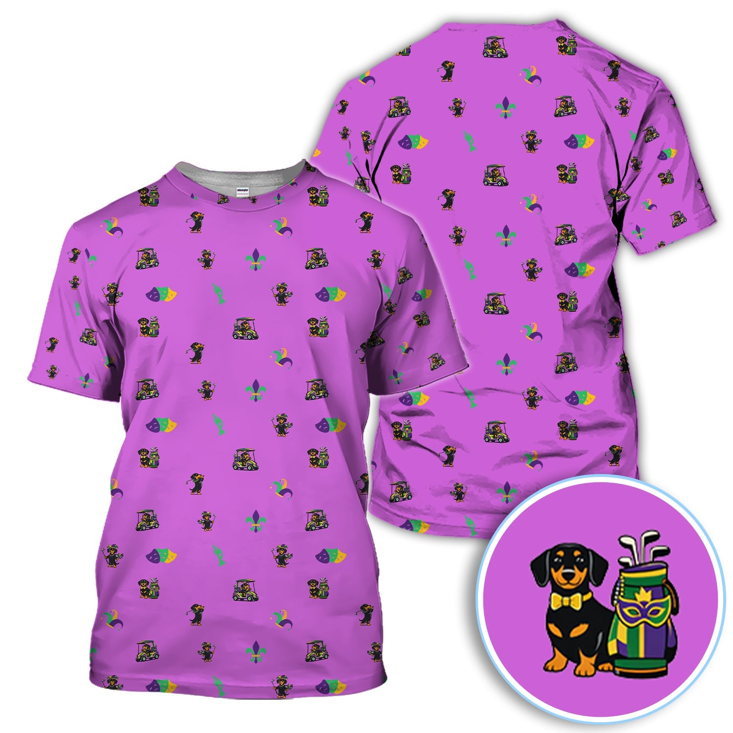 Mardi Gras Dachshund Golf Polos For Golfer, Funny Wiener Dog Pattern Golf Shirt, Golf Gift For Men