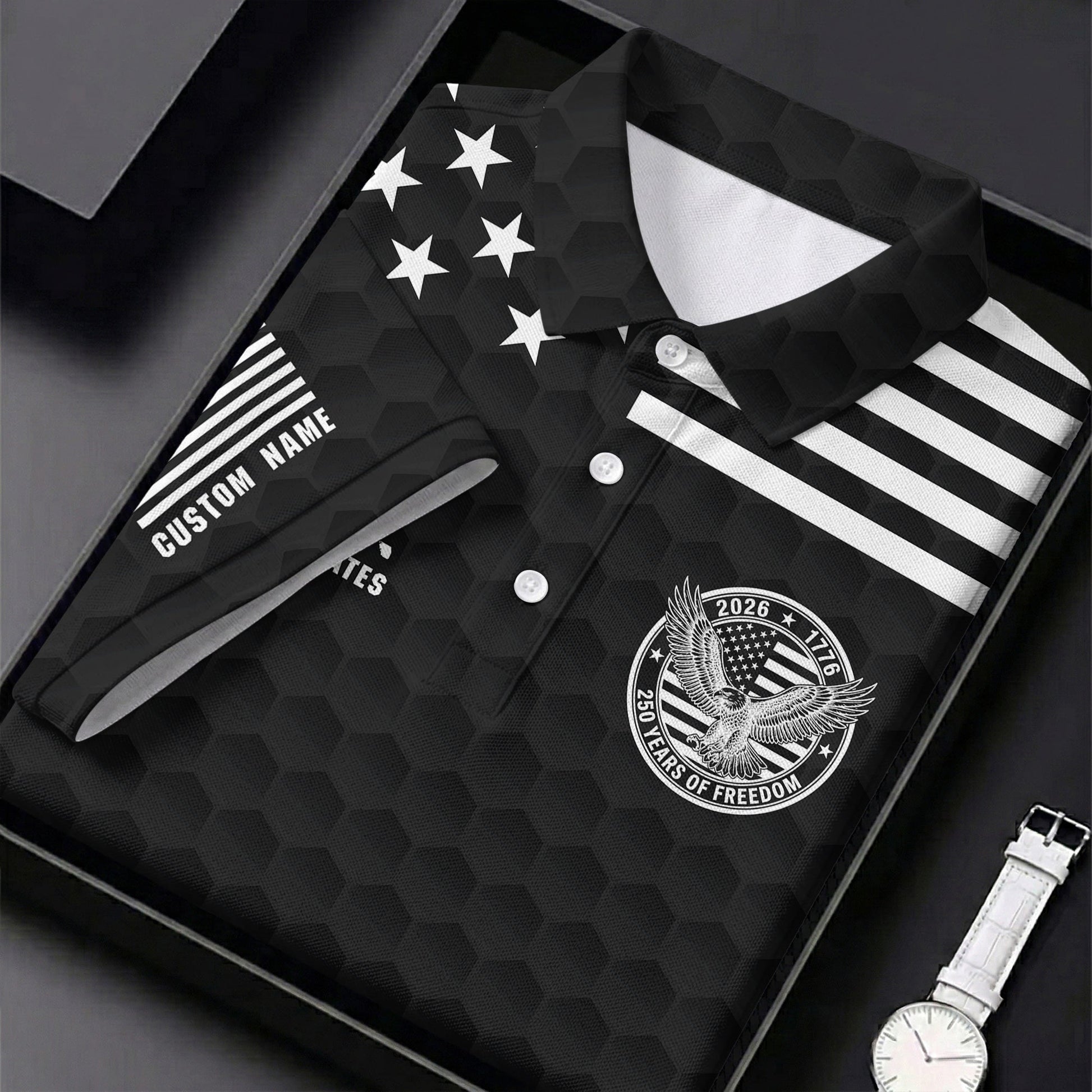 250 Years Of Freedom Golf Ball Pattern Black Golf Shirt, 4th Of July Patriotic Golf Shirt For Women