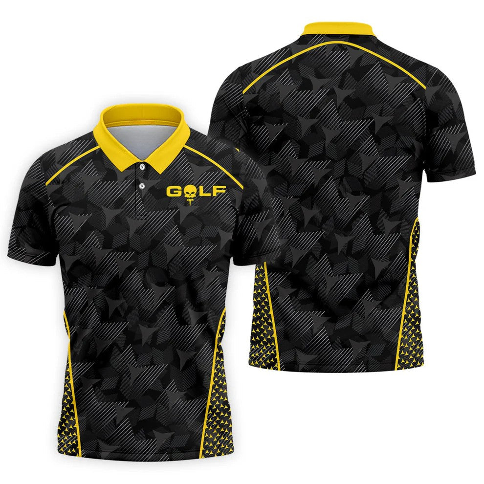 Abstract Triangle Black Yellow Golf Tops For Men, Father's Day Golf Gift, Polo Shirts For Men