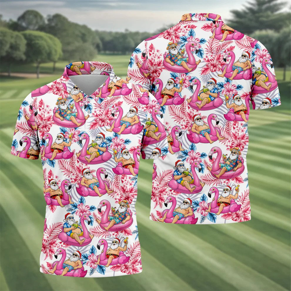 Santa Flamingo Float Tropical Christmas Golf Shirt, Christmas Hawaiian Shirt, Christmas Golf Shirt