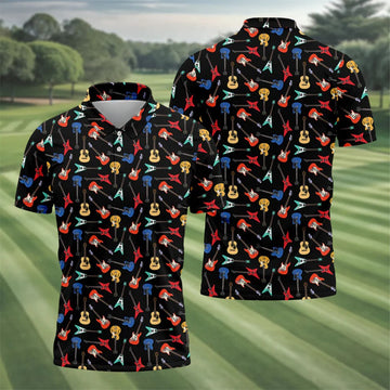 Electric Guitar Pattern Black Golf Shirt, Men's Golf Shirt, Mens Polo Shirts, Golf Polo Shirts For Men