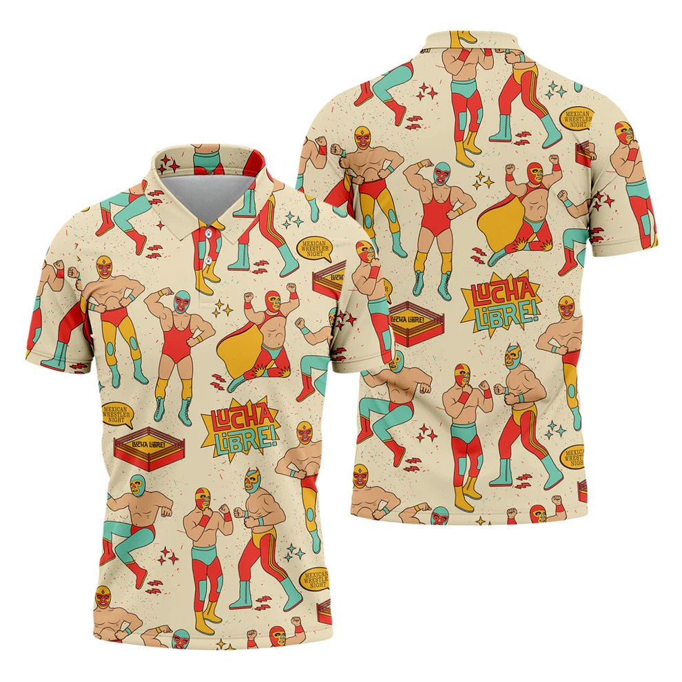 Beige Lucha Libre Mexican Wrestler Pattern Golf Shirt, Mens Golf Polo, Printed Golf Shirts