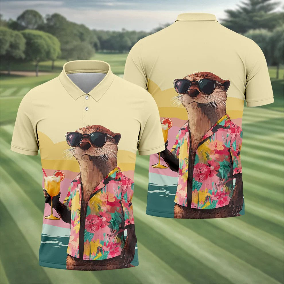 Funny Otter Tropical Theme Hawaiian Golf Shirt, Polo Shirts For Men, Golfing Apparel