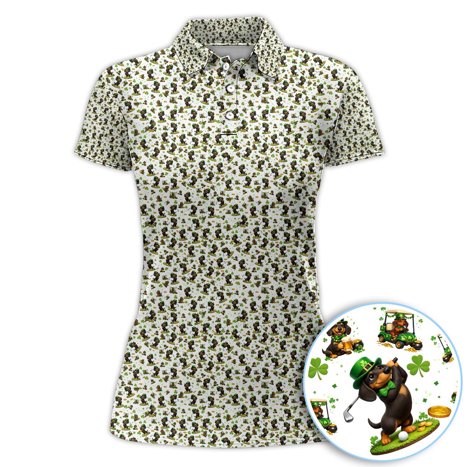 Dachshund Leprechaun Pattern Golf Shirt, Funny St.Patrick’s Day Golf Polos, Crazy Golf Gift For Golfer