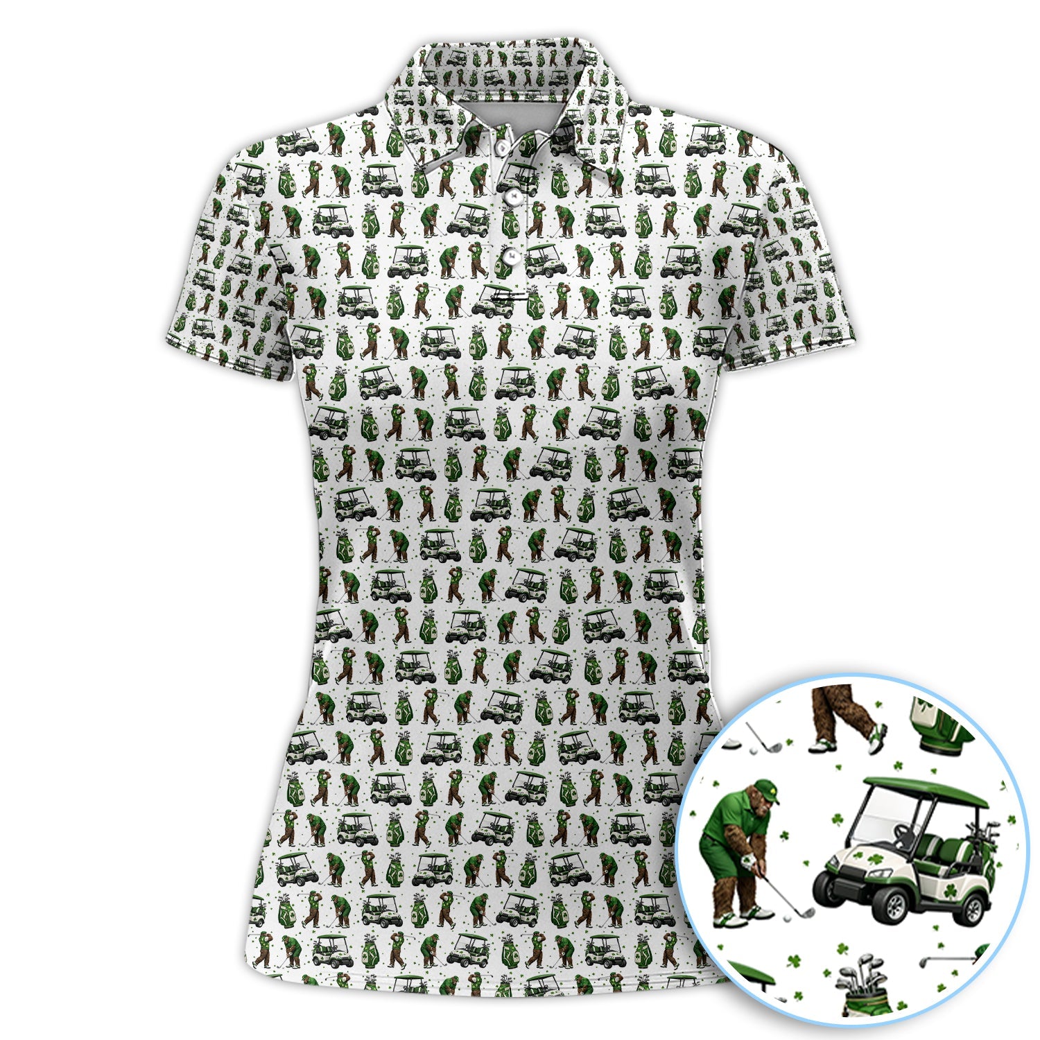 Bigfoot Golf St. Patrick’s Day Pattern Golf Polos, Sasquatch Golf Shirt For Golfer, Crazy Men's Golf Gift