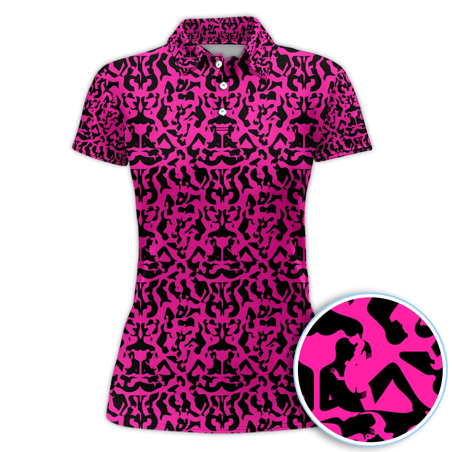 Bold Silhouette Pattern Polos, Hot Pink Abstract Golf Shirt, Golf Gift For Golfer