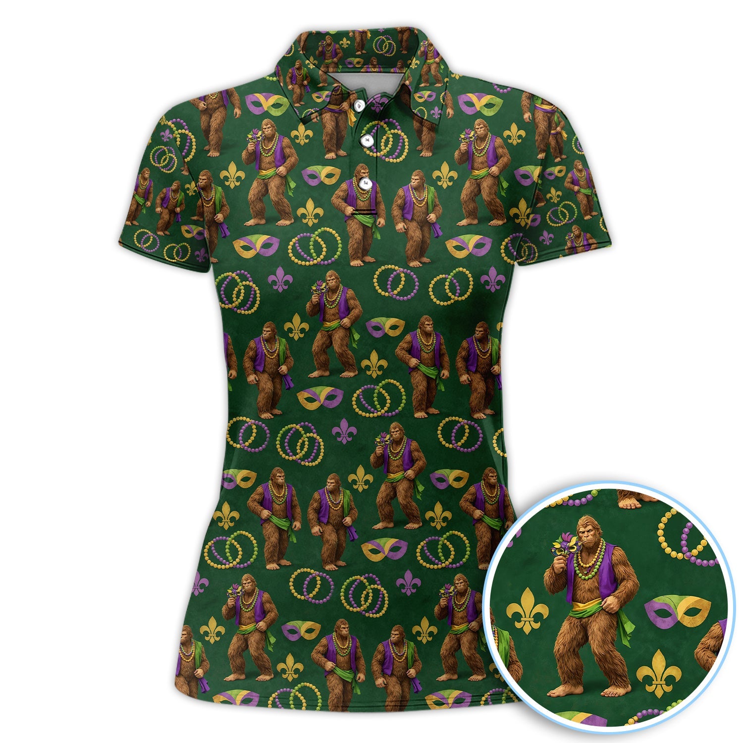 Bigfoot Mardi Gras Pattern Golf Polos, Sasquatch Holiday Golf Shirt, Golf Gift For Golfer
