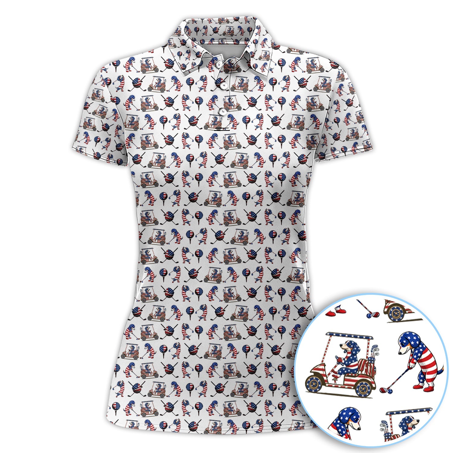 Patriotic Dachshund Golf Polos, USA Flag With Wiener Dog Pattern Golf Shirt, Funny Golf Gift For Golfer