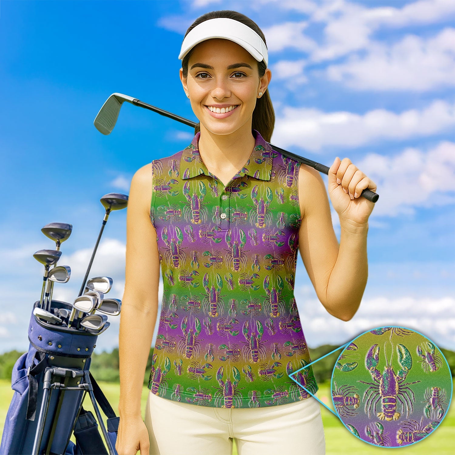Crazy Louisiana Crawfish Golf Shirt For Women, Mardi Gras Crawfish Pattern Golf Polos, Golf Gift For Golfer