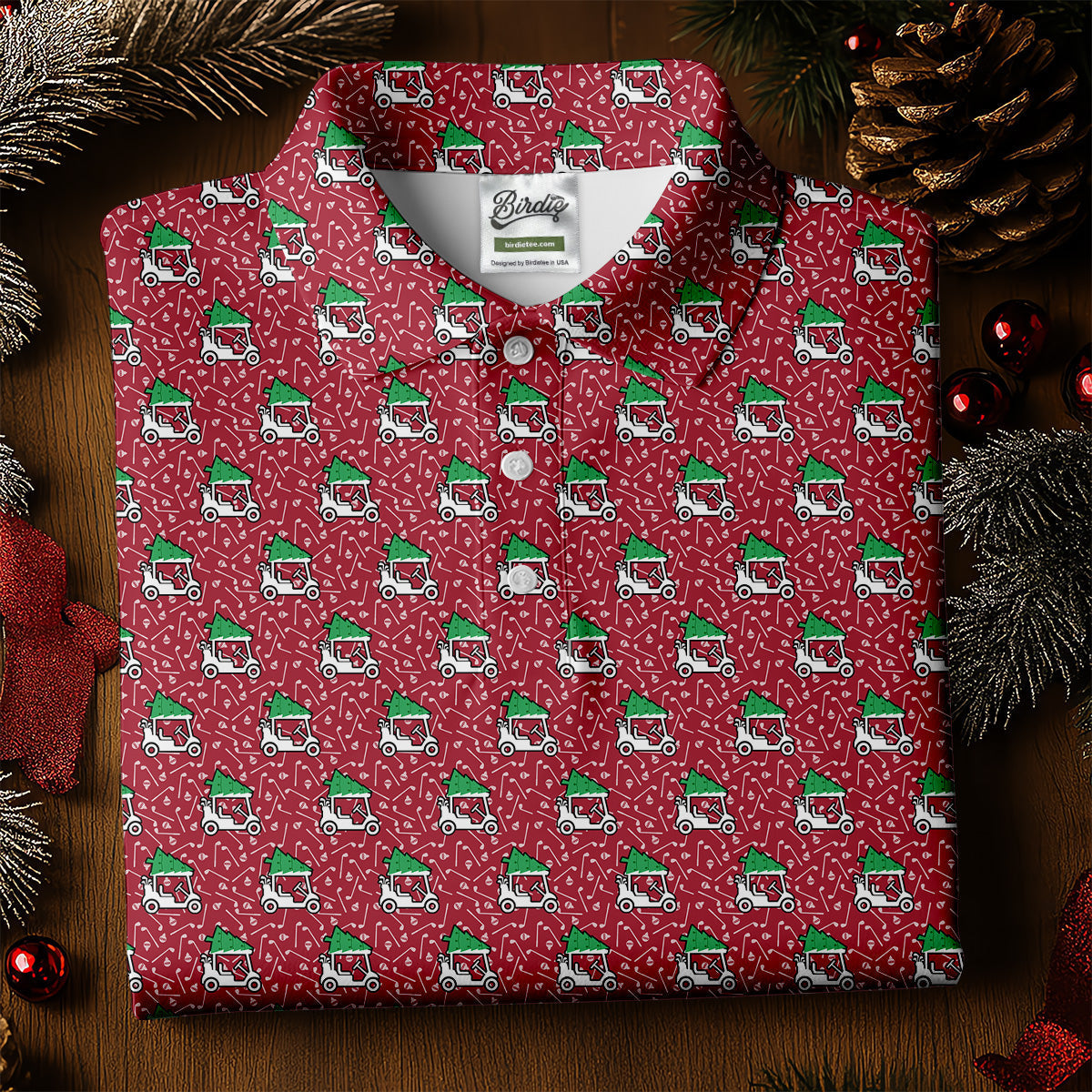 Christmas Golf Cart Pattern Red Women's Golf Tops, Christmas Golf Shirt, Polo ShirtFor Women