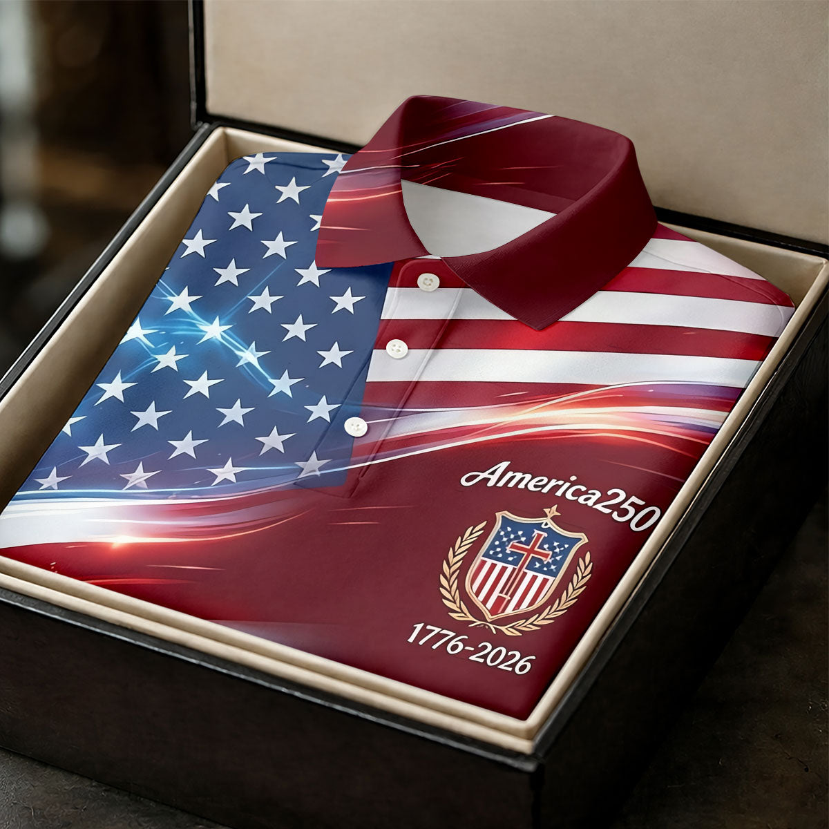 America 250 Light Effect American Flag Golf Shirt, Patriotic 4th Of July Golf Shirts For Men