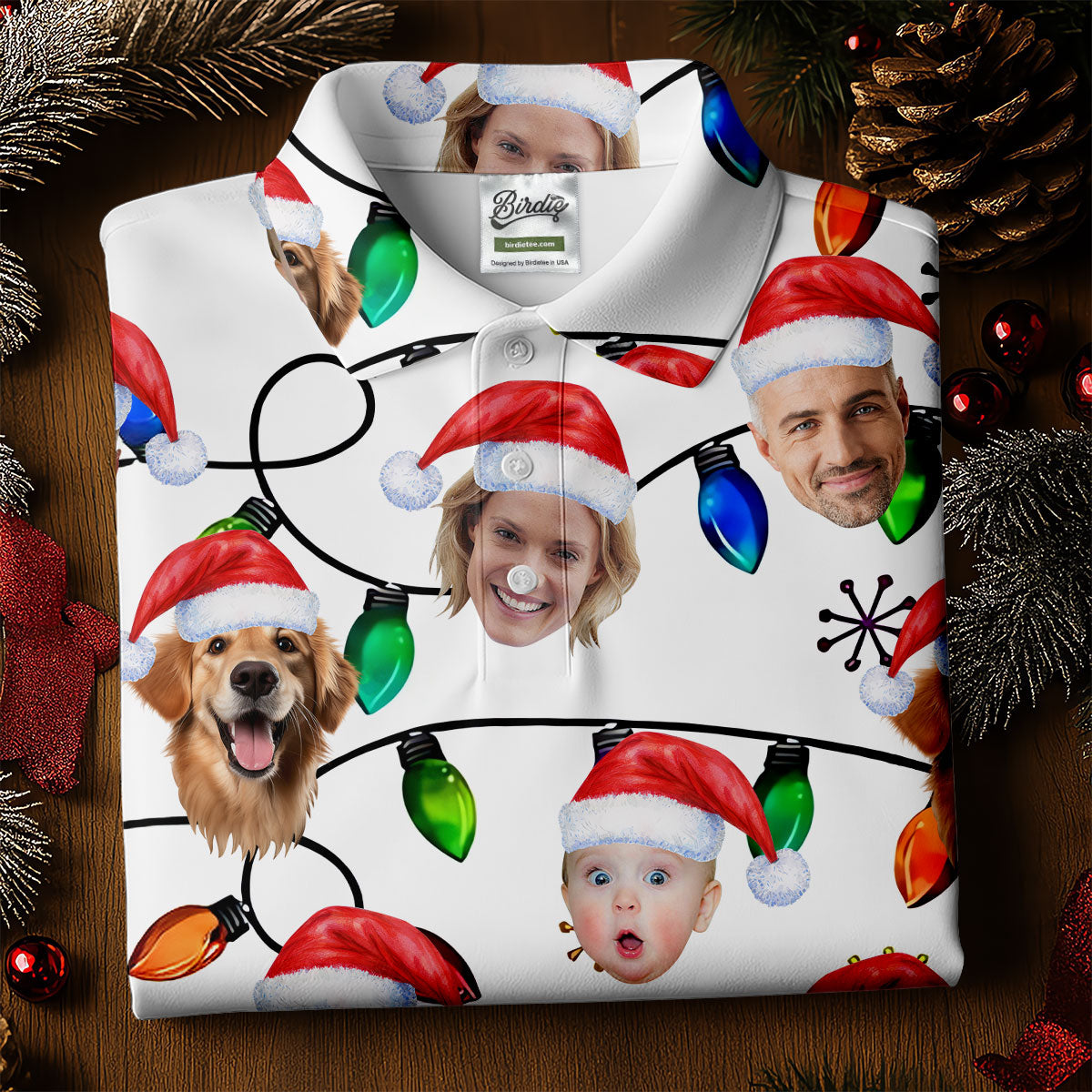Custom Family Portrait Christmas Lights Pattern Women Golf Top, Christmas Golf Shirt, Ladies Golf Tops