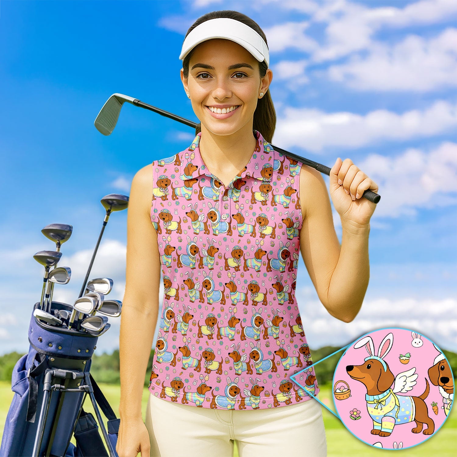 Dachshund Happy Easter Golf Polos, Easter Wiener Dog Pattern Golf Shirt, Golf Gift For Women