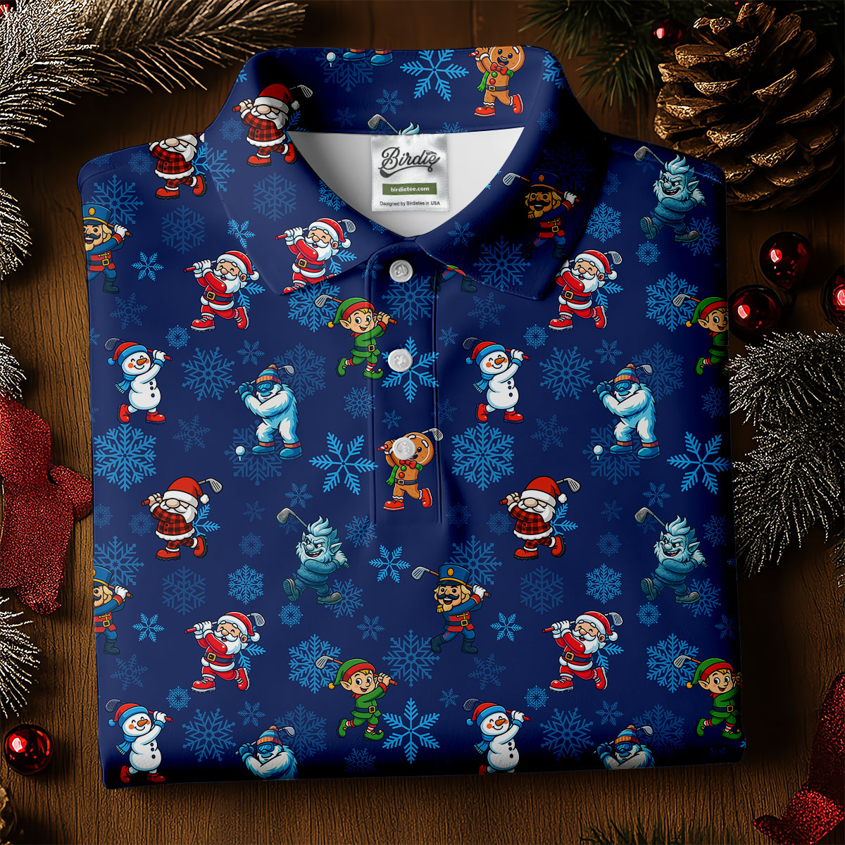Funny Christmas Characters Golf Pose Navy Golf Shirt, Christmas Golf Shirt, Ladies Golf Shirts, Women's Polo Shirt