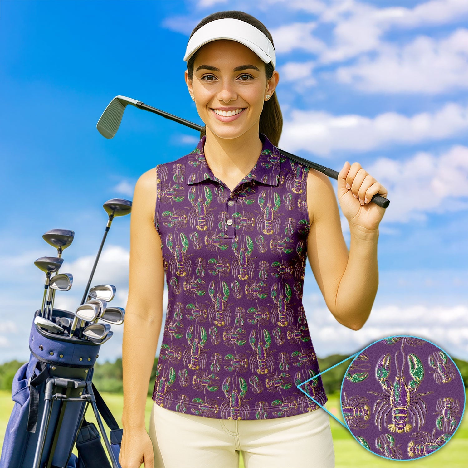 Crazy Louisiana Crawfish Golf Shirt For Women, Mardi Gras Crawfish Pattern Golf Polos, Golf Gift For Golfer