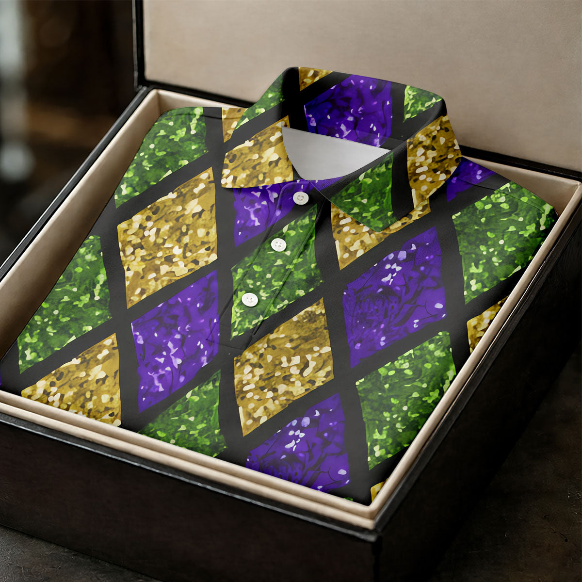 Green Purple Gold Argyle Pattern Sparkling Effect Mardi Gras Golf Shirt, Women's Golf Tops, Ladies Golf Shirts